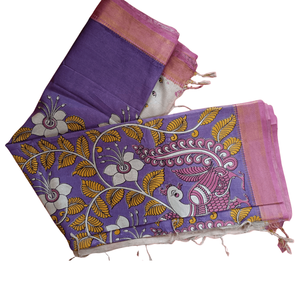 Royal Bloom Kalamkari Hand-Drawn Printed Cotton Saree Banarasi Model Heavy Georgette <b>Net</b> <b>Fabric</b> for Indian Pakistani Party Wear - Product Image 3