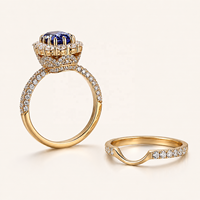 Ensemble de bague de fiançailles en diamant de laboratoire bleu royal taille coussin certifié IGI, en or jaune 10K plaqué rhodium avec halo, et alliance de mariage