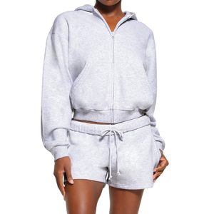 Sweat à capuche de course brodé en tricot grande taille pour femmes, devant et dos doux, extensible, fermeture éclair, veste chaude, vêtements de fitness, logo personnalisé - Product Image 2