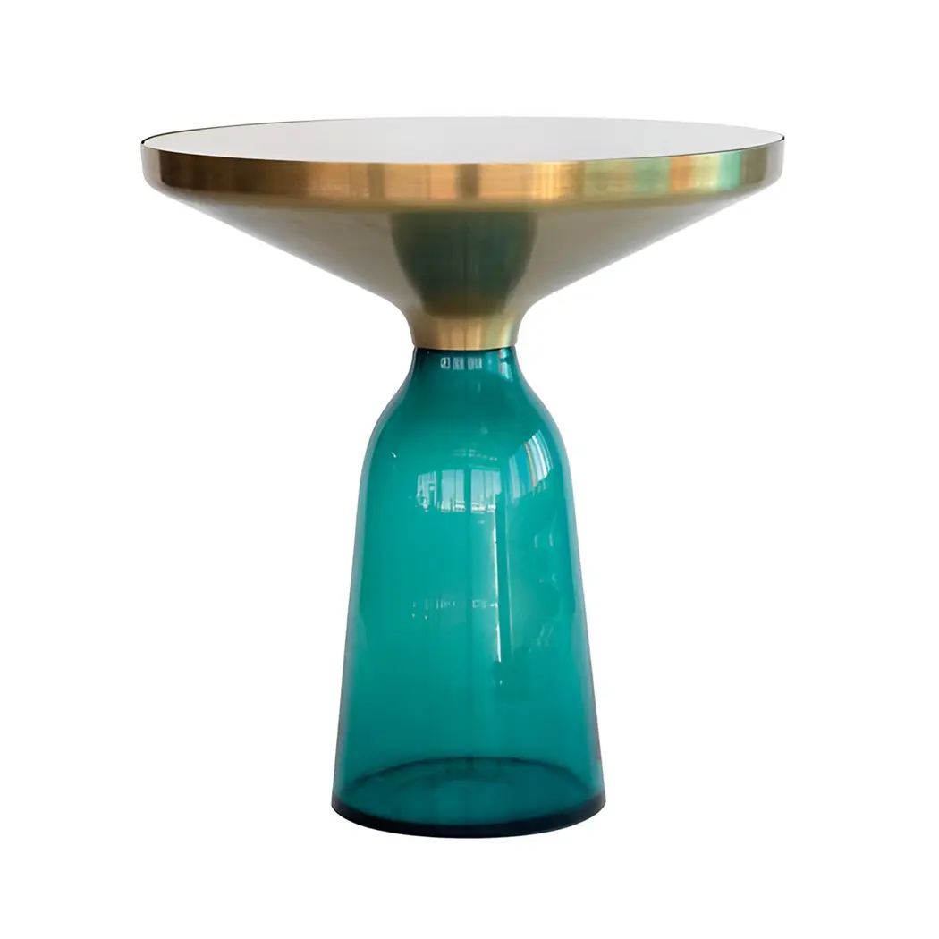 Table basse design en verre cône vert dessus en métal forme ronde taille personnalisée table d'appoint artisanale à vendre
