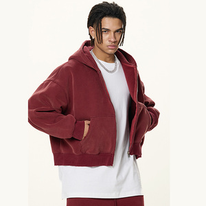 Sweat-shirts à capuche oversize tendance streetwear en molleton épais double couche délavé à l'acide uni à fermeture éclair pour hommes - Product Image 2