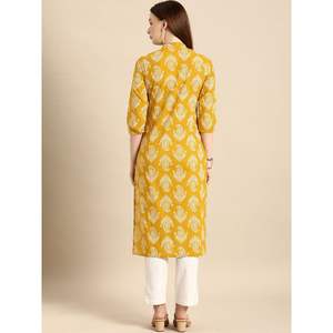 Kurta Anarkali de Algodón y Georgette con Estampado Floral Amarillo para Mujer, con Cuello Mandarín, Suave Sari y Vestido Salwar Indio - Product Image 5