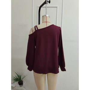 Blusa de viscosa de dos hilos con detalle de tiras cruzadas en un solo hombro y manga larga para mujer, 38628 - Bordo - Product Image 5