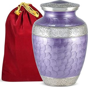 Urna Funeraria Morada para Cenizas |   Grabados Florales en Aluminio Hechos a Mano - Product Image 1