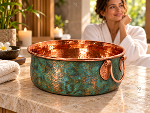Bol de pédicure artisanal en cuivre martelé, patine verte, bassin de spa pour les pieds - Product Image 3