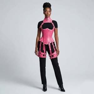 Pink Genuine <b>Leather</b> Neoprene Woven Waist Trainer <b>Corset</b> Shaper Hook-and-Eye Closure Rivet Details Women Firm Control Bodywear - Product Image 1
