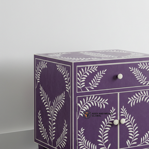 Luxury Purple Bone Inlay Bedside Table Handcrafted Floral Pattern Nightstand with <b>Storage</b> - Product Image 3