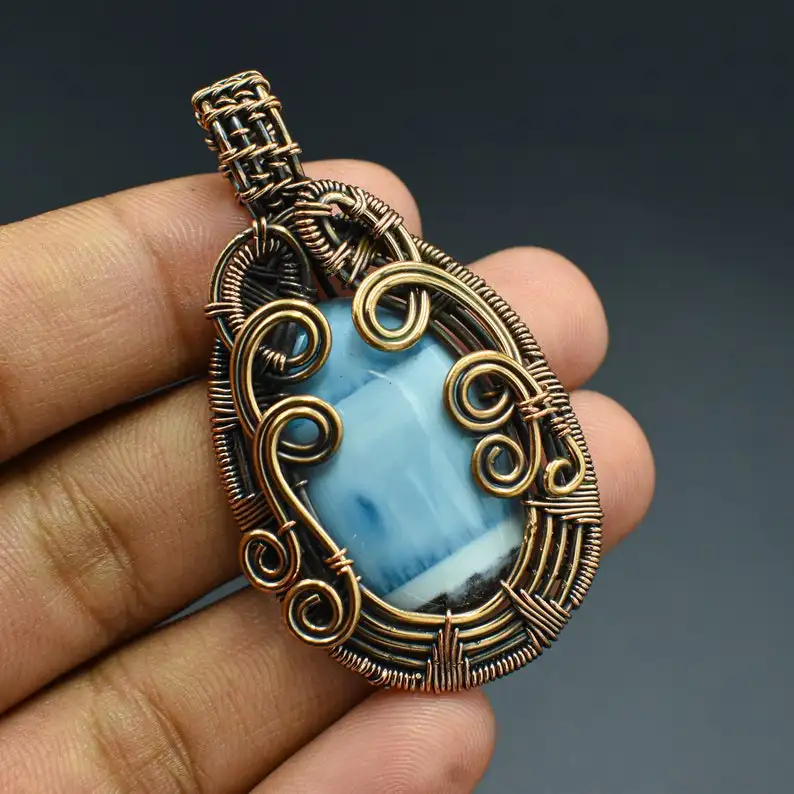Natural Blue Opal Pendant Copper Wire Wrapped Gemstone Wire Wrapped Gift For Her Mother N-139