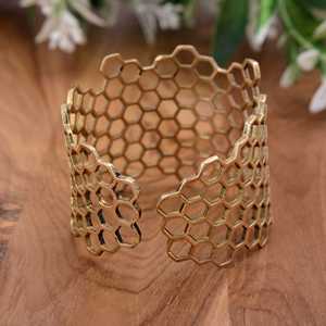 Hexágono de latón dorado para mujer con estampado 3D para pulsera, brazalete de panal individual, joyería ancha impresa en 3D - Product Image 2