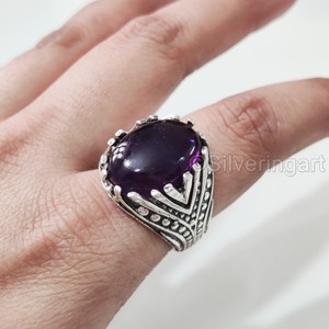 Bague en argent sterling 925 pour homme, avec améthyste naturelle, pierre de naissance de février, toutes tailles, bijoux d'anniversaire arabes, vente en gros - Product Image 3