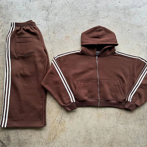 Conjunto de pantalones de chándal de dos piezas con capucha y cremallera para hombre, personalizado, 100% de algodón, informal, Hip Hop, rayas, sudadera de gran tamaño, pantalones, diseño impreso - Product Image 2