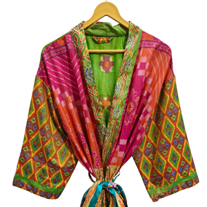 ชุดกิโมโนเย็บปะติดปะต่อกันชุดคลุมบิกินี่เสื้อคลุมยาวสำหรับใส่กลางคืนทำด้วยมือสไตล์วินเทจผ้าไหมส่าหรี - Product Image 1