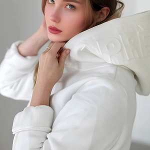 High Quality <b>White</b> Heavyweight Cotton Fleece Winter Breathable Eco-Friendly Custom 3D Embossed Oversized <b>Hoodie</b> for <b>Women</b> - Product Image 5