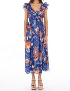 Vestido Casual de Talla Grande para Mujer con Logotipo Personalizado, de Alta Calidad, en Algodón, Sexy, con Volantes Delanteros, Cierre Trasero con Cremallera, Cuello en V y Mangas con Vuelo - Product Image 1