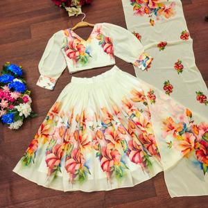 Shoryam - Lehenga Choli de Organza con Estampado Floral para Niñas, para Fiestas y Bodas, Diseño de Manga Obispo, Dupatta Festoneada - Product Image 1