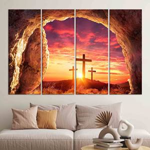 Paisaje con cruz cristiana y amanecer: obra de arte impresa en lienzo, diseño en vidrio templado, JUEGO DE 4 LIENZOS - Product Image 1