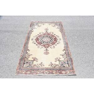 Alfombra turca clásica Beige roja Vintage-4X7 pies Área grande Patchwork de lana con respaldo de látex para pasillo Dormitorio 10mm de espesor - Product Image 1