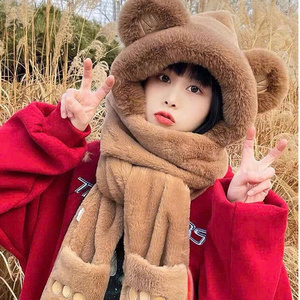 Chapeau en polaire pour femme, chapeau en polaire avec oreilles d'ours mignonnes, écharpe et longs gants, style coréen magnifique et adorable. - Product Image 5