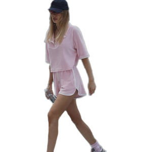 Nouvel ensemble décontracté en tricot 100 % coton respirant sans col pour femme, composé d'un haut court à demi-zip et d'un short élastique – Tenue d'été - Product Image 4