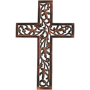 Croix murale en bois sculptée à la main de grande qualité avec motif floral et fretwork de feuilles Vintage Religieux Home Decor Tenture murale - Product Image 1