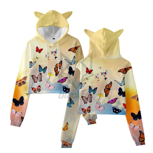 Women's Cropped Hoodie With <b>Cat</b> Ears Butterfly Print Yellow Casual Spring Sweatshirt - Product Image 5