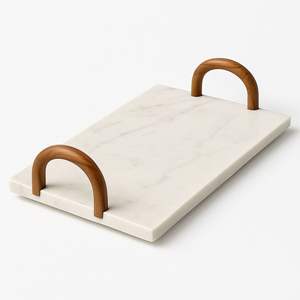 Plateau en marbre blanc avec poignées en bois Plateau de service moderne et élégant pour les collations, les apéritifs et l'utilisation décorative - Product Image 5