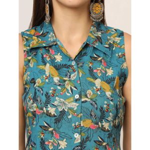 Vestido midi de algodón puro con estampado floral azul, vestido midi línea A, vestido midi con hombros descubiertos, vestido midi entallado - Product Image 2