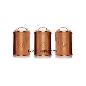 Juego de acabado antiguo de cobre pulido brillante de 3 hojas de té, granos de café y contenedores de almacenamiento de azúcar, ollas de hojalata de Metal DE LA India - Product Image 1
