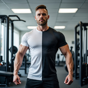 เสื้อยืดแขนสั้นสำหรับออกกำลังกายเพาะกายเสื้อยืดฟิตเนสคอกลมของผู้ชายเสื้อออกกำลังกายกล้ามเนื้อโพลีเอสเตอร์100% สำหรับผู้ชาย - Product Image 1