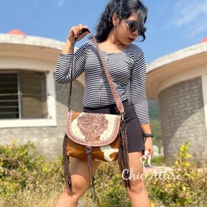 New Arrival Western Real Handmade Hair on Fur Tooled Leather Fringe Sling Bag Stylish Women Concealed Carry Casual Crossbody Bag - Product Image 1