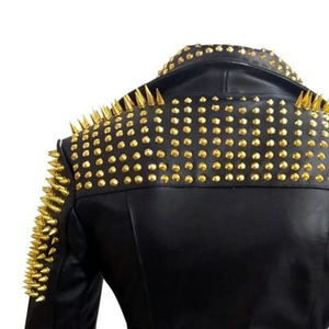 Custom Embroidered Logo Ladies Biker Leather Jacket with Turn Down Collar & Long Studs Knitted Cotton Canvas Material - Product Image 6