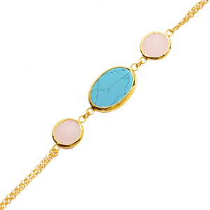 Venta al por mayor oval turquesa redondo rosa cuarzo oro bisel plata Pulsera hecha a mano 925 joyería esterlina - Product Image 3