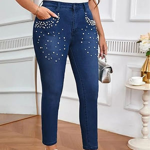 Nouveauté Pantalon en jean à jambes larges à taille haute orné de cristaux pour femmes pour les fêtes Jeans en strass pour femmes - Product Image 5