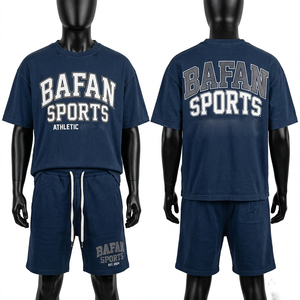 Ensemble t-shirt et short homme bleu marine en coton GSM, tissu doux et respirant, impression sérigraphique, logo personnalisé, vêtements d'été, ensemble 2 pièces homme - Product Image 1