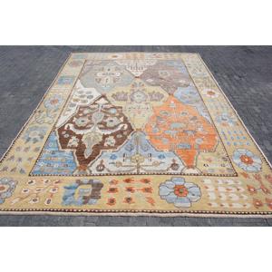 Alfombra Turca Extra Grande Ecológica de 10.3x14.4 pies, Alfombra Vintage de Lana Azul con Diseño de Patchwork, Base de Látex y Pelo Mediano - Product Image 1