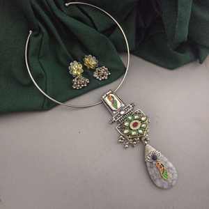 Direct <b>Indian</b> Supplier's Best Selling High Quality 2-Piece Set Oxidised Fusion Hasli Necklace & Geometric Pattern Stud Earrings - Product Image 1