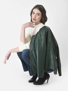 Chaqueta de Cuero Genuino Verde Oscuro para Mujer, sin Cuello, con Cierre, Estilo Motociclista, Herrajes Dorados, Corte Ajustado, Informal, para Otoño e Invierno, Ropa Exterior de Algodón - Product Image 3