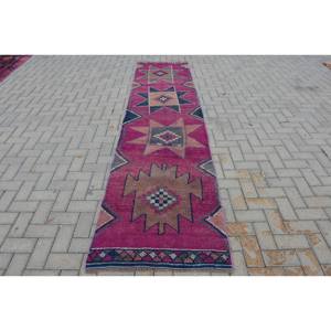 พรมขนแกะสีน้ำตาลสีชมพูแบบดั้งเดิม2.7 x 11.3ft ห้องโถงสี่เหลี่ยมลายเย็บปะแบบตุรกีสำหรับทางเข้าห้องนอน3D พรมยางทอ - Product Image 1