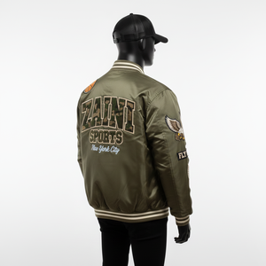 Chaqueta de Satén de Alta Calidad, 130 GSM, Tela Lisa Color Oliva con Bordado, Parches y Logotipo Personalizado, Corte Bomber para Hombre - Product Image 4