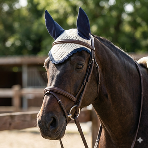 Voile anti-mouches pour cheval en crochet blanc, cache-oreilles bleu marine, bordure noire, bonnet équestre fait main, couleur personnalisable, rembourrage doux et confortable - Product Image 3