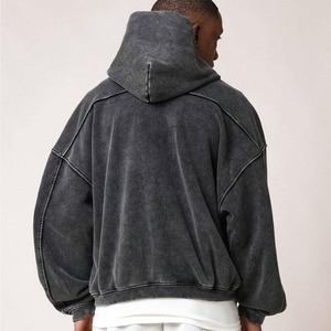 Streetwear Washed Zipper Hoodies Heavyweight Fleece Vintage Acid Wash Hoodie Grey Washed Streetwear Sweatshirt pour homme - Product Image 2