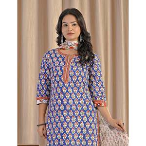 Blue Hand Drawn <b>Block</b> <b>Printed</b> Cotton Anarkali Kurta Pant Set Indian Style Soft Ethnic Wear for Daily Party Wear Net Fabric - Product Image 1