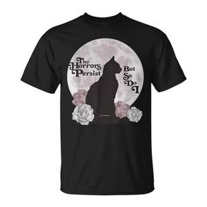 T-shirt floreale per amanti dei gatti con la citazione 'I terori persistono ma io lo faccio anch'io', prodotto promozionale - Product Image 1