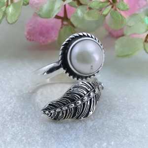 925 Sterling <b>Silver</b> Adjustable Leaf <b>Ring</b> Handmade Freshwater Pearl Unique June Birthstone Nature Inspired Jewelry Pearl <b>Ring</b> - Product Image 4