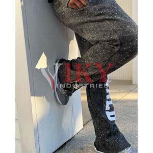 Custom Rhinestone Tracksuits for <b>Men</b> Unisex Flare Tracksuit Distressed Embroidery Design Hoodie and Pants Sets Acid <b>Washed</b> - Product Image 3