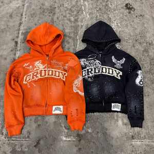 OEM & ODM Vente en Gros Personnalisé de Haute Qualité à la Mode Applique Brodé Strass Lavé à l'Acide Sweat à Capuche pour Hommes avec Fermeture Éclair - Product Image 5