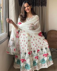 New Style Anarkali Set <b>Indian</b> Traditional Designer Cotton Multi Color Sanganeri Printed Anarkali <b>Kurta</b> With Pant and Dupatta - Product Image 4