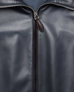Veste Blouson Homme en Cuir Véritable Bleu Marine avec Fermeture Éclair, Ourlet Côtelé, Col Montant, Décontractée, Automne Hiver, Vêtement d'Extérieur Écologique - Product Image 2