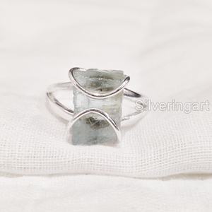 Anillo de Plata de Ley 925 con Piedra Natural de Aguamarina en Bruto para Mujer, Joyería con Banda de Alambre, Piedra de Nacimiento de Marzo - Product Image 3