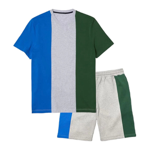 Conjunto de camiseta y pantalones cortos para hombre, bloques de color azul, verde y blanco, conjunto informal de dos piezas, transpirable, de poliéster, para verano. - Product Image 5